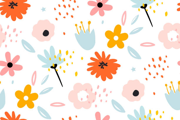 ilustraciones, imágenes clip art, dibujos animados e iconos de stock de patrón sin costuras con flores decorativas creativas en estilo escandinavo. - flowers