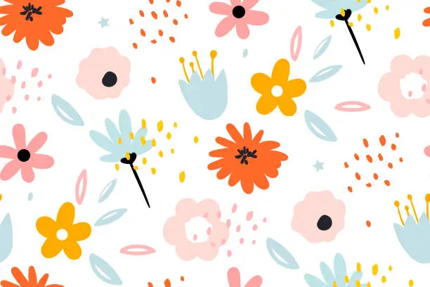 Vector illustration of Seamless pattern with creative decorative flowers in scandinavian style.