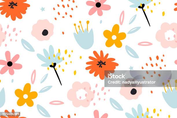 無縫圖案與創意裝飾花卉在斯堪的納維亞風格向量圖形及更多花圖片 - 花, 春天, 式樣
