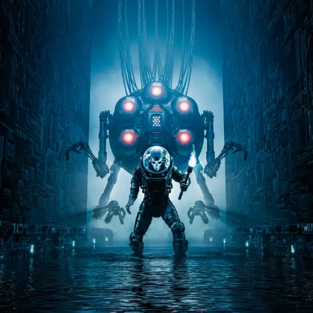 3D illustration of science fiction scene showing evil skull faced astronaut exploring watery corridor with giant robot