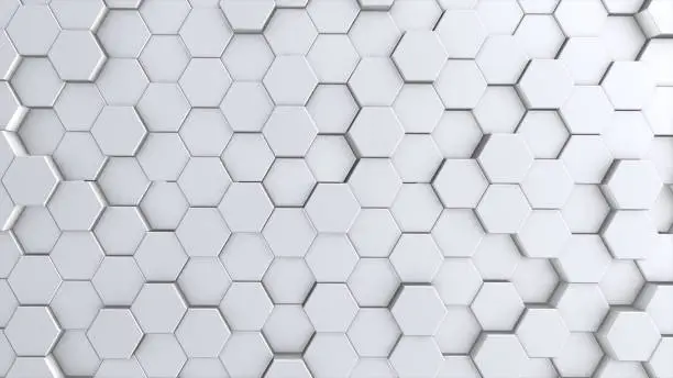 Photo of Abstract hexagon geometry background, white hexagonal pattern randomly waving, animation 3D rendering