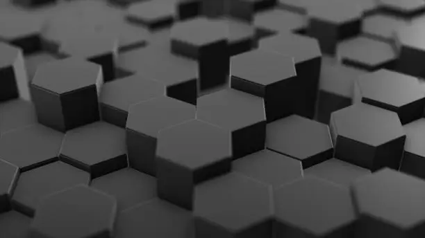 Photo of Abstract hexagon geometry background, dark hexagonal pattern randomly waving, animation 3D rendering