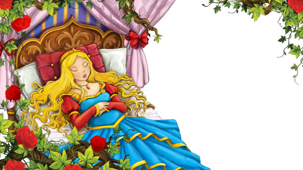 ilustraciones, imágenes clip art, dibujos animados e iconos de stock de escena de dibujos animados de jardín de rosas con princesa dormida con fondo blanco - princesa de anime