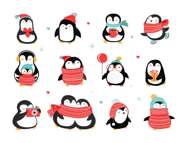 Vector illustration of Cute hand drawn penguins collection, Merry Christmas greetings. Vector illustration