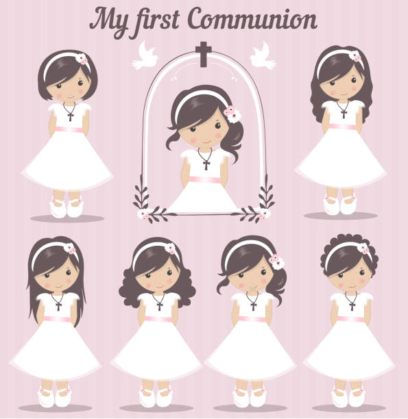 illustrazioni stock, clip art, cartoni animati e icone di tendenza di bel set di ragazze per la prima comunione - communion