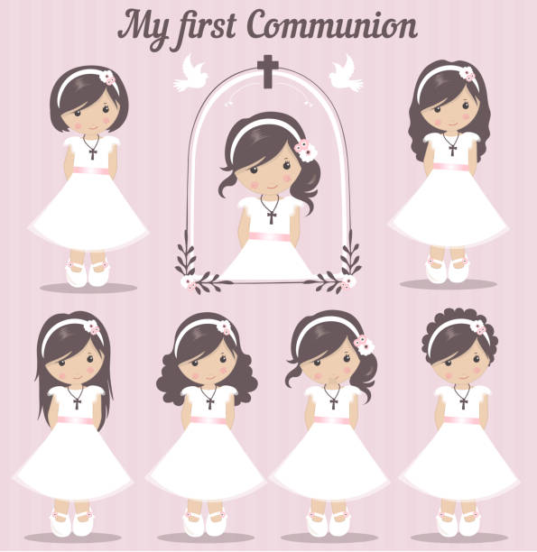 ilustrações, clipart, desenhos animados e ícones de jogo encantador das meninas para o primeiro comunhão - communion