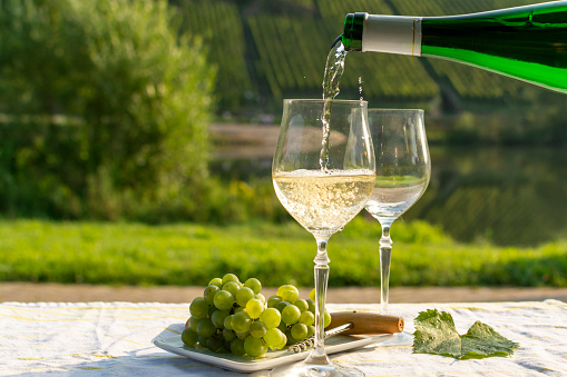 Famous German quality white wine riesling, produced in Mosel wine regio from white grapes growing on slopes of hills in Mosel river valley in Germany