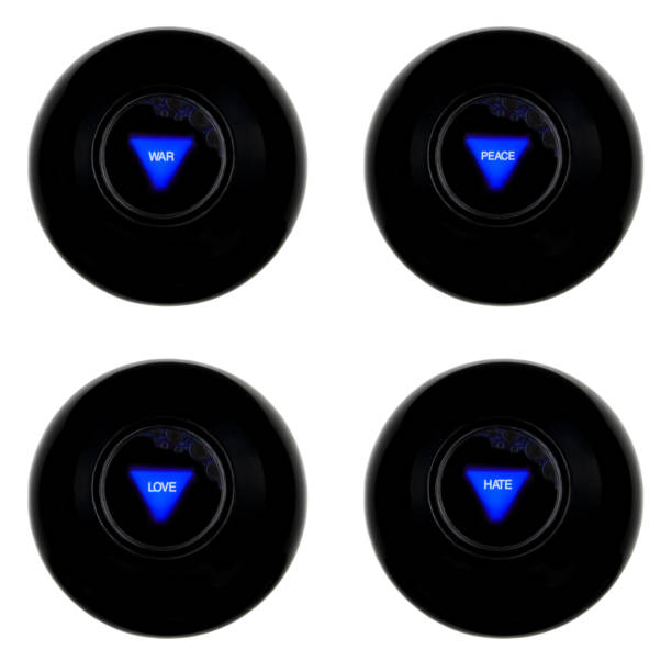 istock Set of four magic 8 balls predictions WAR PEACE LOVE HATE isolated on white background 1175483469