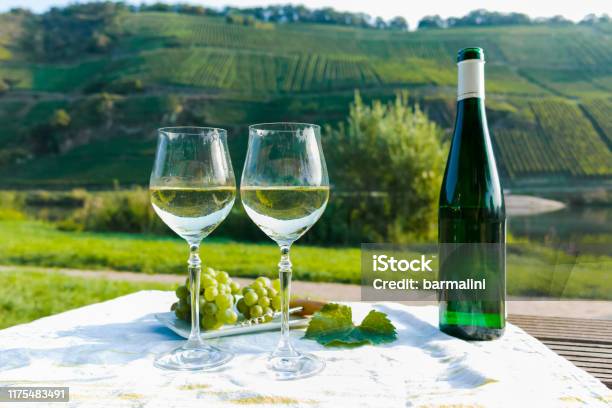 有名なドイツ品質の白ワインリースリングはドイツのモーゼル川渓谷の丘の斜面に成長する白ブドウからモーゼルワインレジオで生産 - つる草のストックフォトや画像を多数ご用意
