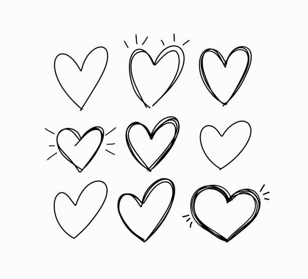vektor handgezeichnete kindliche doodle herz symbole set - heart stock-grafiken, -clipart, -cartoons und -symbole
