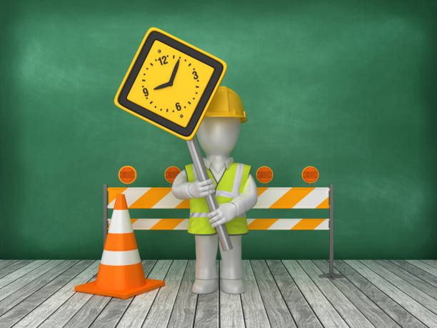 istock Road Sign with Clock Construction Site on Chalkboard Background - 3D Rendering 1175489236
