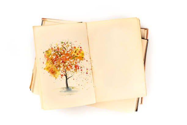 Autumn design template. An open botanical journal with a watercolour drawing of a fall tree. A book on nature studies mock-up, shot from above on a white background with copy space