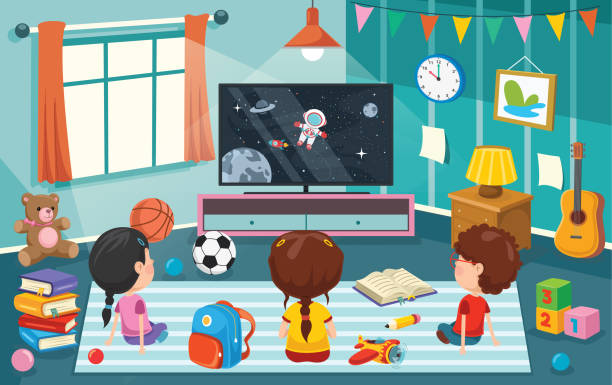 дети смотрят телевизор в комнате - animation stock illustrations