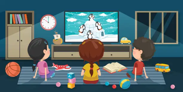 Vector illustration of Children Watching Television In A Room