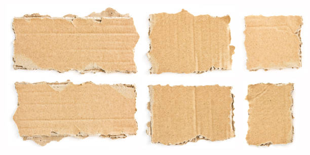 set of torn pieces of brown cardboard on white background. can be used for text. - retro revival brown paper messy imagens e fotografias de stock