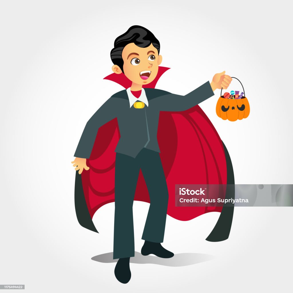 Cute Cartoon Boy In Vampire Costume With A Pumpkin Bag For Sweets Trick Or  Treat Isolated On White Background Stock Illustration - Download Image Now  - iStock