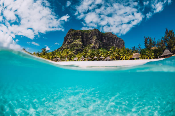 istock Tropical crystal ocean with Le Morne mountain and luxury beach in Mauritius. Split view. 1175494639