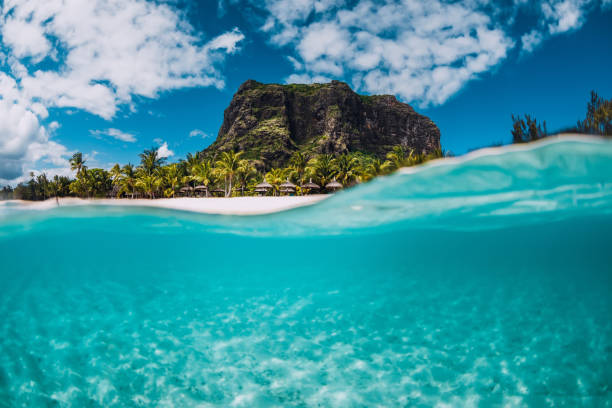istock Tropical crystal ocean with Le Morne mountain and luxury beach in Mauritius. Split view. 1175495488