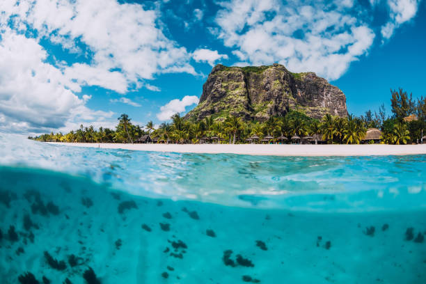istock Tropical crystal ocean with Le Morne mountain and luxury beach in Mauritius. Split view. 1175495489