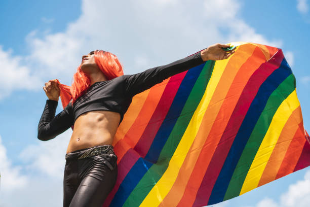 istock Afro gay man raising a LGBT flag 1175496441