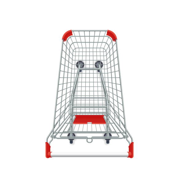 istock Red supermarket shopping cart. 3d top view vector illustration. Photo realistic empty basket for food products. 1175497196