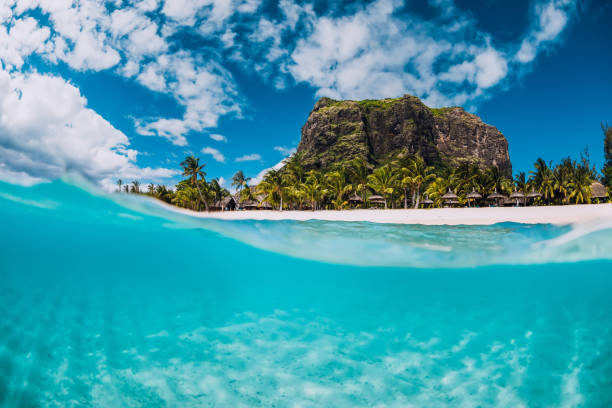 istock Tropical crystal ocean with Le Morne mountain and luxury beach in Mauritius. Split view. 1175497245