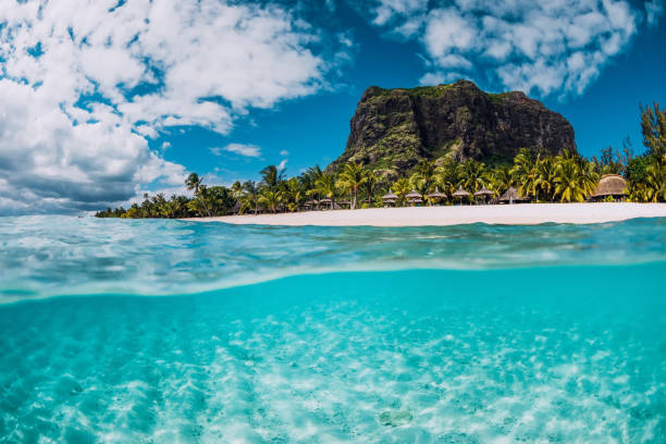 istock Tropical crystal ocean with Le Morne mountain and luxury beach in Mauritius. Split view. 1175497291