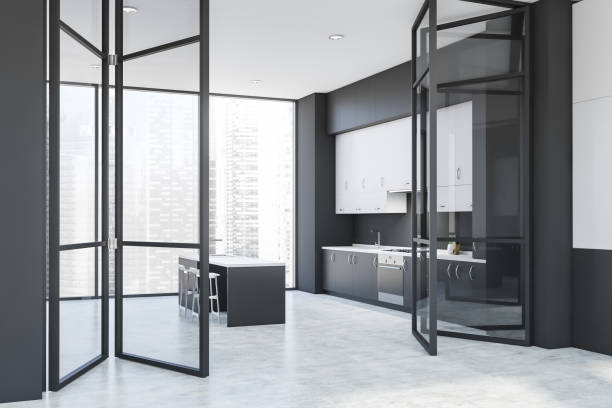 istock Panoramic dark gray kitchen with bar and doors 1175497295