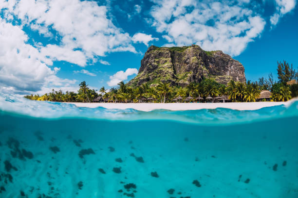 istock Tropical crystal ocean with Le Morne mountain and luxury beach in Mauritius. Split view. 1175497310
