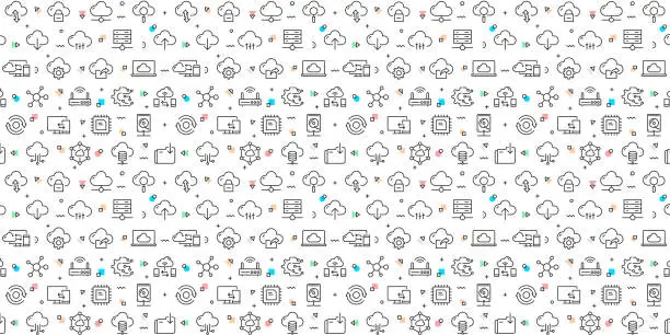 Vector illustration of Vector set of design templates and elements for Cloud Computing in trendy linear style - Seamless patterns with linear icons related to Cloud Computing - Vector