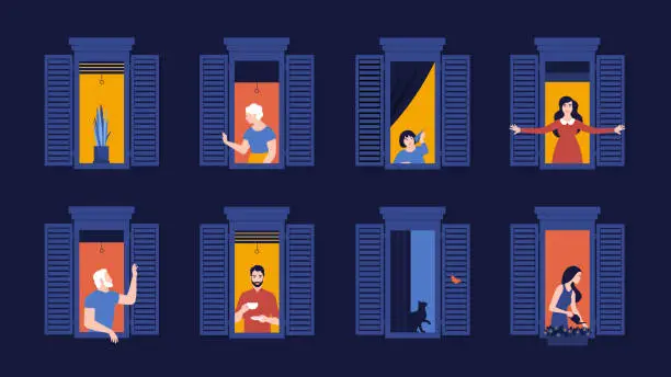 Vector illustration of People in window frames. Neighbors in apartments. Night. The facade of the house.