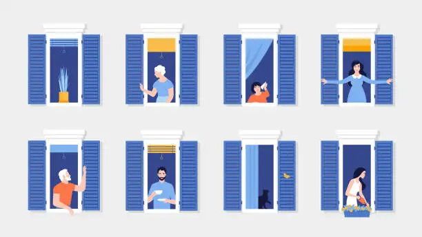 Vector illustration of People in window frames. Neighbors that live in apartments. The facade of the house.