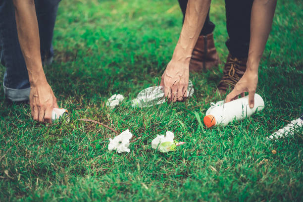 os jovens escolhem o lixo para limpar o gramado do parque público. voluntário e proteção ambiental. - mulher catando lixo - fotografias e filmes do acervo