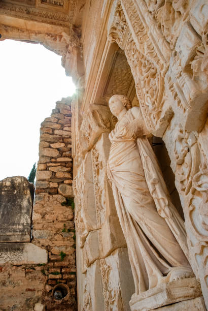 the statue of sophia wisdom in the celsus library, ephesus, turkey. side view. - turkey tourist ephesus roman imagens e fotografias de stock
