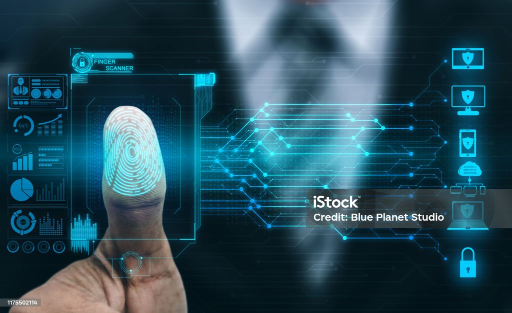 Fingerprint Biometric Digital Scan Technology. Fingerprint Biometric Digital Scan Technology. Graphic interface showing man finger with print scanning identification. Concept of digital security and private data access by use fingerprint scanner. Accessibility Stock Photo