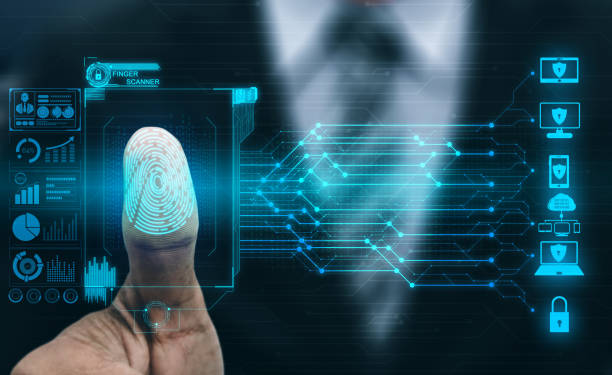 fingerprint biometric digital scan technology. - fingerprint thumbprint biometrics human thumb imagens e fotografias de stock