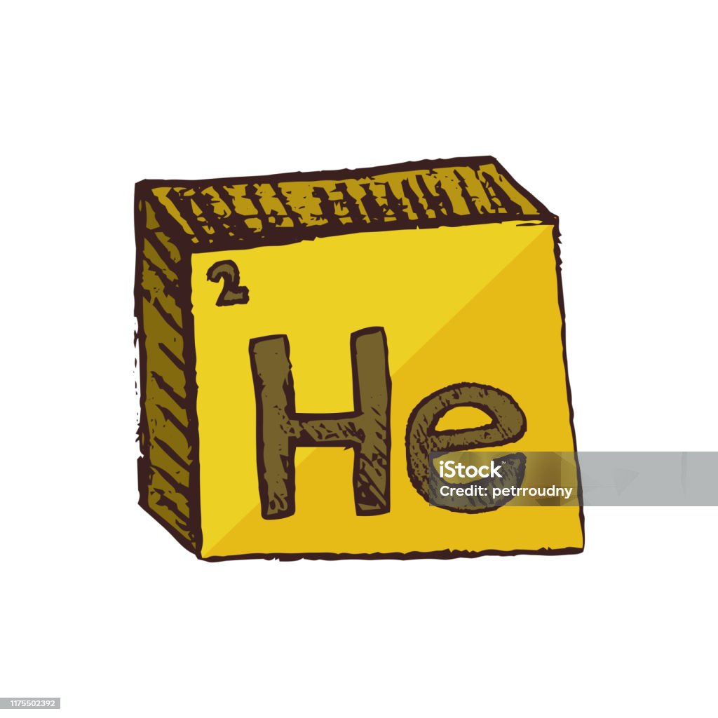 Vector three-dimensional hand drawn yellow chemical symbol of noble gas helium with an abbreviation He from the periodic table of the elements isolated on a white background. Vector yellow symbol of the element Helium He – inert, non toxic, monatomic and the first in the noble gas. Element is isolated on a white background. Periodic Table stock vector