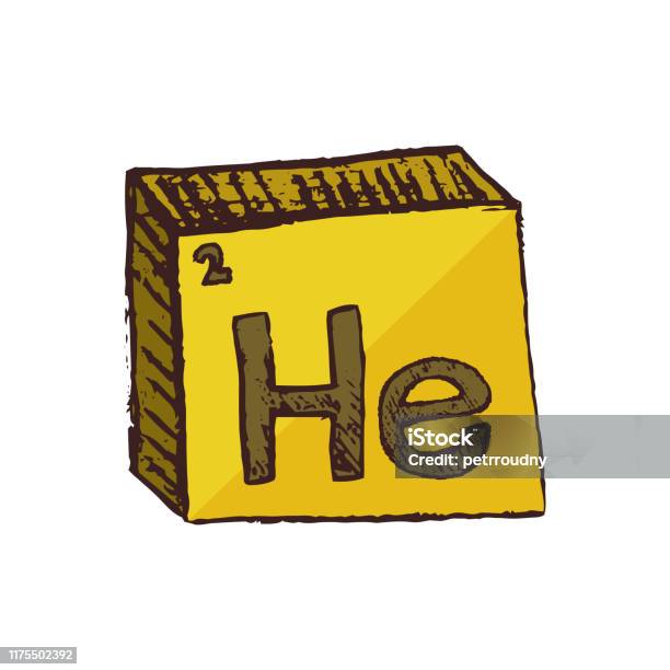Vector Threedimensional Hand Drawn Yellow Chemical Symbol Of Noble Gas Helium With An Abbreviation He From The Periodic Table Of The Elements Isolated On A White Background Stock Illustration - Download Image Now