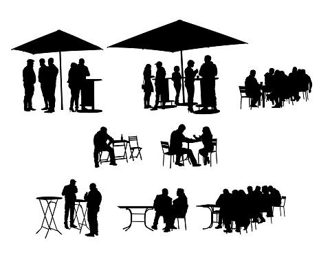People in urban cafe on white background