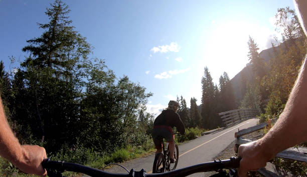 istock Female mountain biker rides on path through forest 1175506072