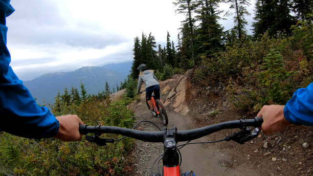 istock Female mountain biker rides on path through forest 1175506142