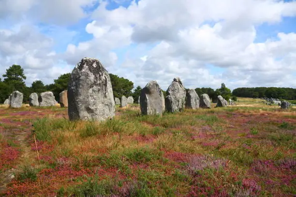 Alignment of prehistoric standing stones in Carnac, France. The stones were erected during the Neolithic period, around 3300 BC.