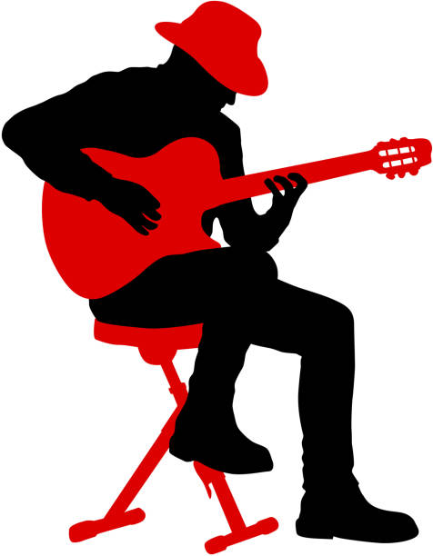 silhouette musiker spielt die gitarre auf weißem hintergrund - street musician stock-grafiken, -clipart, -cartoons und -symbole