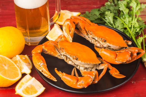 The ripe crabs on the black plate,