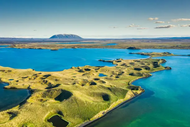 Photo of Myvatn Lake landscape at North Iceland. Wiew from above