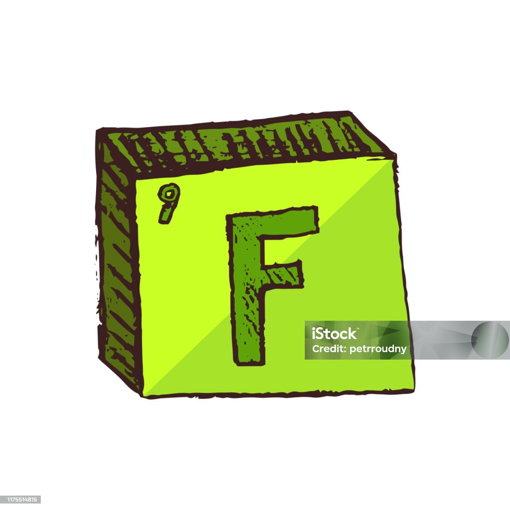 Vector three-dimensional hand drawn yellow green chemical symbol of fluorine with an abbreviation F from the periodic table of the elements isolated on a white background. Vector bright glow green symbol of the element fluorine F – green-yellow gas. Element is isolated on a white background. Fluorine stock vector