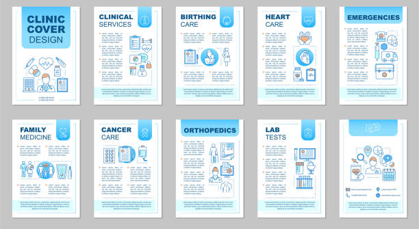 Clinic brochure template layout Clinic brochure template layout. Medicine and healthcare. Flyer, booklet, leaflet print design with linear illustrations. Vector page layouts for magazines, annual reports, advertising posters hospital drawings stock illustrations
