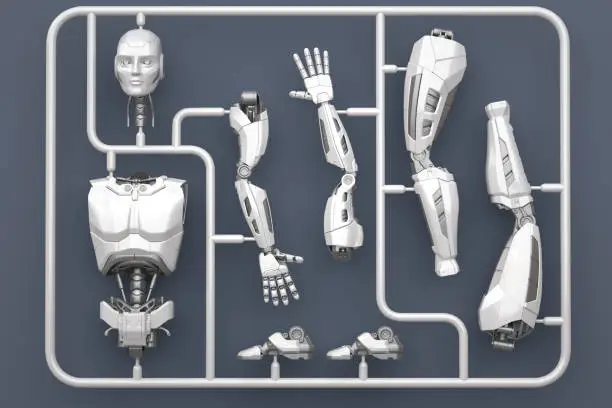 Model kit set with futuristic robot parts. 3D illustration