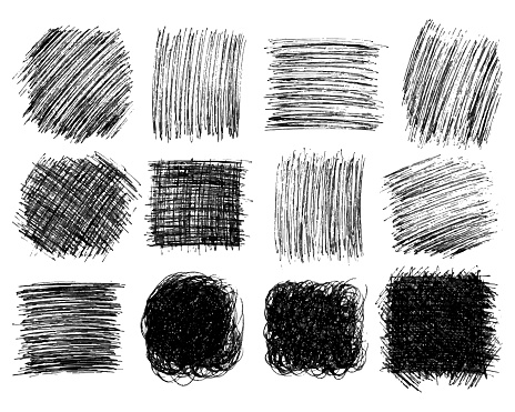 Squares hand drawn scribble big set. Set of abstract monochrome doodle stains isolated on white background. Vector illustration