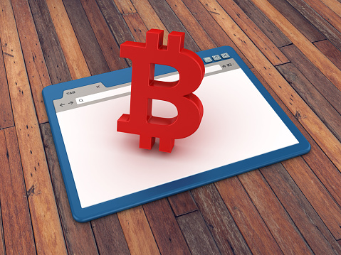 Web Browser with BITCOIN Symbol on Wood Floor Background  - 3D Rendering